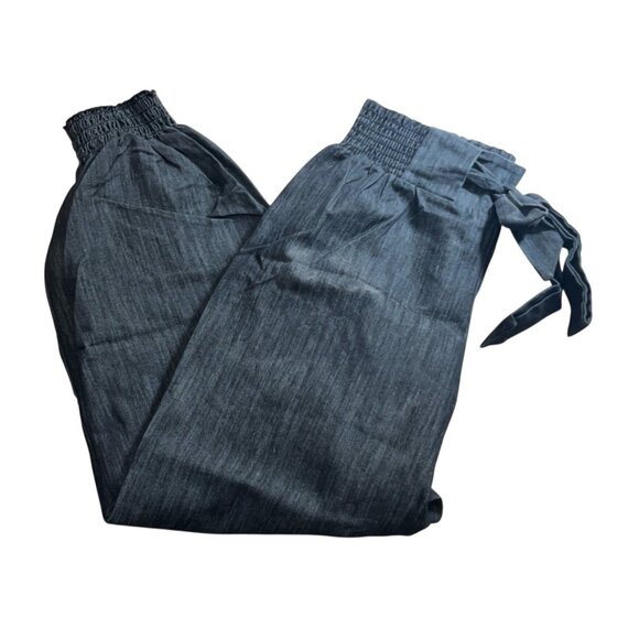 What's Hot Black Elastic Waist Denim Look Harem Pants with Tie Sz Large Womens - Picture 1 of 9